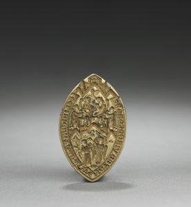 Sello en forma de almendra: Coronación de la Virgen con un monje arrodillado, 1300s de English School
