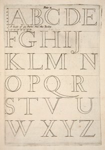 Hoja de muestra de alfabeto, pub. 1683 grabado de English School