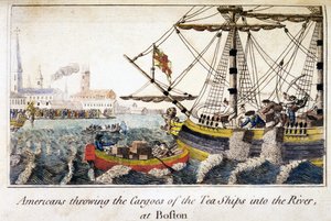 Americanos arrojando las cargas de los barcos de té al río, en Boston, de Historia de las Américas del Norte, pub. Londres de English School