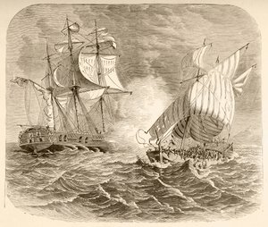 Un buque de la Marina estadounidense captura un barco pirata argelino frente a la costa de Berbería durante la Primera Guerra Berberisca (litografía) de English School