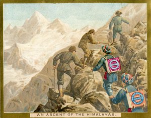 Un ascenso de los Himalayas, tarjeta promocional para las galletas Huntley & Palmers, c.1890 de English School