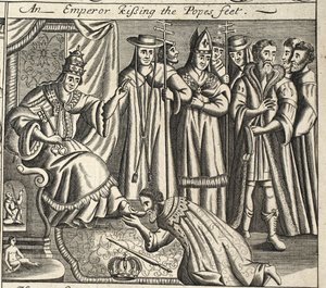 Un emperador besando los pies del Papa, ilustración de Hechos y Monumentos de John Foxe, novena edición, pub. 1684 de English School