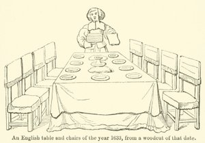 Mesa y sillas inglesas del año 1633, de un grabado en madera de esa fecha (grabado) de English School