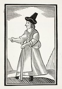 Una anciana regañando con un sombrero alto, ilustración de Chap-books del siglo XVIII de John Ashton, pub. 1882
