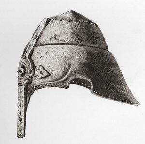Un casco nasal de principios del siglo XII, de The British Army: Its Origins, Progress and Equipment, publicado en 1868. de English School