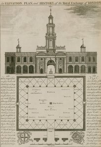Una elevación, plano e historia del Royal Exchange, Londres de English School