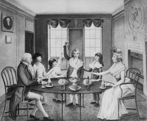 Un interior con una dama y un caballero sentados a una mesa con sus cuatro hijos de pie más allá, c.1780 de English School