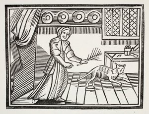 Una anciana azotando a su gato por cazar ratones en domingo, ilustración de Chap-books del siglo XVIII de John Ashton, pub. 1882 de English School