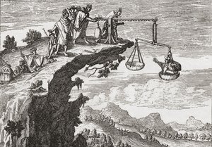 Un método inusual para arrancar confesiones a los criminales, según un dibujo del siglo XVI de Theodorus de Bry. La escena muestra al criminal sentado en la balanza de la injusticia mientras un sacerdote se asoma al precipicio dispuesto a recibir su confes de English School