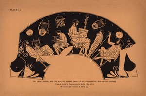 Educación en la Grecia Antigua: La lección de lira, y la lección de poesía, arriba es una cesta manuscrita ornamental (litografía) de English School