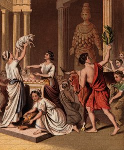 Antiguos griegos con sus animales en un templo (chromolitho) de English School