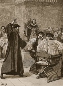 Andrew Melville ante el Consejo Privado Escocés, ilustración de la Historia Ilustrada de Inglaterra de Cassell de English School