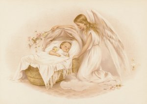 Ángel vigilando a una bebé (chromolitho)
