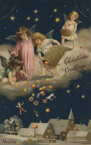 Ángeles derramando regalos de Navidad sobre la tierra (cromolito)