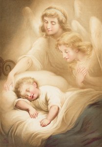 Ángeles vigilando a una niña dormida (chromolitho)