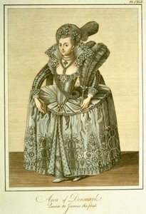 Ana de Dinamarca (1574-1619) esposa de Jacobo I, ilustración de The Complete View of the Dress and Habits of the People of England Volume II, publicado en 1799 de English School
