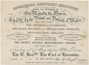 Cena de aniversario para la Institución Benevolente de Gobernantas, 1875