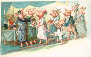 Cerdos antropomórficos siendo recibidos al llegar a una fiesta de English School