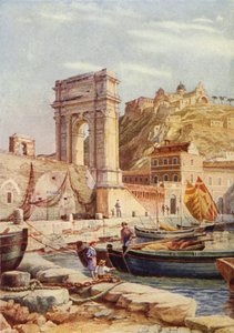 Arco de Trajano y puerto de Ancona, Italia (litografia en color)