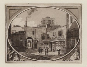 Archibald Roberton, vendedor de impresiones, de Savill Row Passage, junto a la sala de subastas de Squibs, circa 1790 de English School
