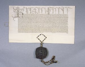 Archivo 11980: Carta que registra la concesión del Rey Enrique VI a New College Oxford de las propiedades de Newton Longville, 1441 (tinta sobre pergamino) de English School