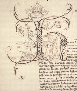 Archivo 11980: Inicial Decorada H del Real Decreto que registra la concesión del Rey Enrique VI al New College Oxford de las propiedades de Newton Longville de English School
