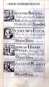 Archivo 3693 f.65 Página que enumera cuatro benefactores del New College, Oxford; Joannes Rolle, Gulielmus Fitch, Thomas Hobbs Weeks y Johannes Bassett, de un libro de donaciones