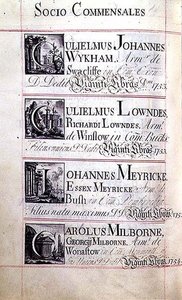 Archivo 3693 f.94v Página que enumera cuatro benefactores del New College, Oxford; Gulielmus Johannes Wykham, Gulielmus Lowndes, Johannes Meyricke y Carolus Milborne