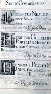 Archivo 3693 f.95 Página que enumera tres benefactores del New College, Oxford; Robertus Neale, Henricus Gulislmus Portman y Henricus Pawlet St. John