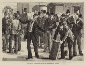 Llegada de los hombres de la reserva del ejército a los cuarteles en Londres de English School
