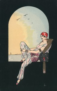 Imagen Art Deco de una mujer reclinada en un asiento de ventana de English School