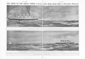 Artículo sobre la velocidad de los grandes transatlánticos: un factor que hace necesarias las luces delanteras y otras precauciones, de The Sphere, 04 de mayo de 1912