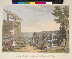 Artillería, máquinas de asedio y soldados del siglo XV, ilustración de 
