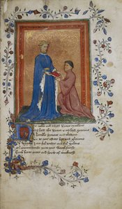 Arundel 38, f.37 Thomas Hoccleve presenta un libro al príncipe Enrique de Lancaster, ilustración de 
