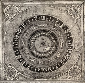 Reloj astronómico en el Palacio de Hampton Court, de la Historia del Palacio de Hampton Court en Tiempos Tudor por Ernest Law, publicado en Londres 1885 de English School