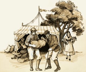 En una feria rural, un granjero sabio revisa sus compras