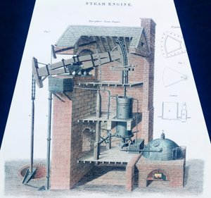 Máquina de vapor atmosférica (grabado en color) de English School