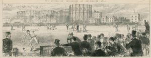 Jugadores de críquet australianos en Kennington Oval: Lord Harris (Capitán del equipo inglés) salvando un 4 de English School