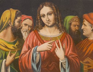 Autoridad de Jesucristo cuestionada en el Templo (litografía en color) de English School