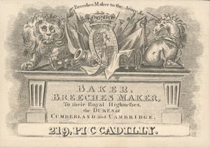 Baker, fabricante de calzones, 219 Piccadilly, tarjeta comercial de English School