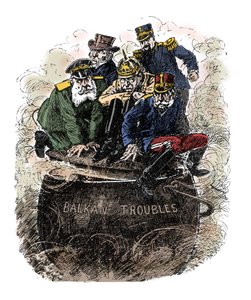 Problemas en los Balcanes - Las grandes potencias europeas representadas por Gran Bretaña, Francia (Armand Fallieres), Rusia (Nicolás II), Alemania (Guillermo II) y Austro-Hungría intentan sofocar los conflictos en los Balcanes cerrando la tapa de la olla 