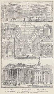 Banco de Inglaterra, Aduana, Mansion House, Bolsa de Valores, Guildhall, Oficina General de Correos, Trinity House, Royal Exchange (grabado) de English School