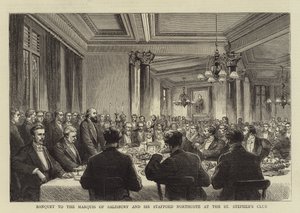 Banquete al Marqués de Salisbury y Sir Stafford Northcote en el Club St Stephen (grabado) de English School