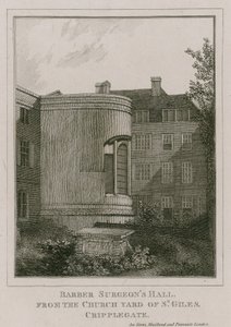 Barber Surgeons Hall, Monkwell Street, Londres, visto desde el cementerio de la iglesia de St Giles, Cripplegate