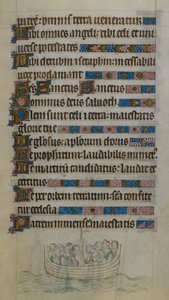 Escena en la base de la página que muestra a Thomas Becket y sus compañeros cruzando el Canal en un bote mientras viajan al exilio en Francia, ilustración del 