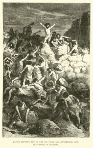 Batalla entre hombres de la Edad de Piedra antigua, campamento fortificado de Furfooz, en Bélgica de English School