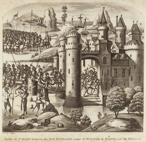 Batalla de Calais entre el rey de Inglaterra bajo Sir Walter Manny y los franceses de English School
