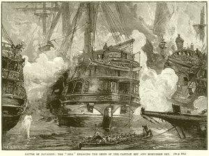 Batalla de Navarino: El Asia enfrentando los barcos del Capitán Bey y Mohurrem Bey