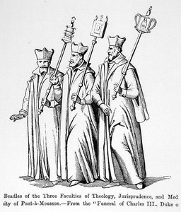 Bedeles de las Tres Facultades de Teología, Jurisprudencia y Medicina, del Funeral de Carlos III (1543-1608) Duque de Lorena, ilustración de Ciencia y Literatura en la Edad Media y el Renacimiento, escrita y grabada por Paul Lacroix de English School