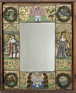 Espejo de abalorios, c. 1672-79 (hilos de seda, metal y cuero con cuentas de vidrio y lentejuelas sobre fondo de seda-satinado revestido de roble)